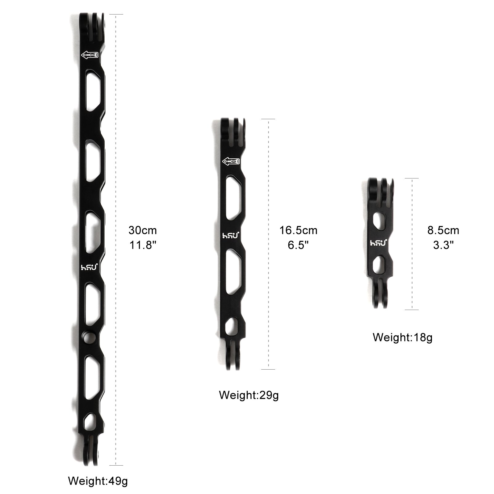 HSU Aluminum Alloy Extension Arm Set Bike Mount Helmet Stick Extension Arm Mount for GoPro Hero 13/12/11/10/9/8/7/6/5 Black, DJI Osmo Action (11.8”/6.5”/3.3”) (Black) - Image 4