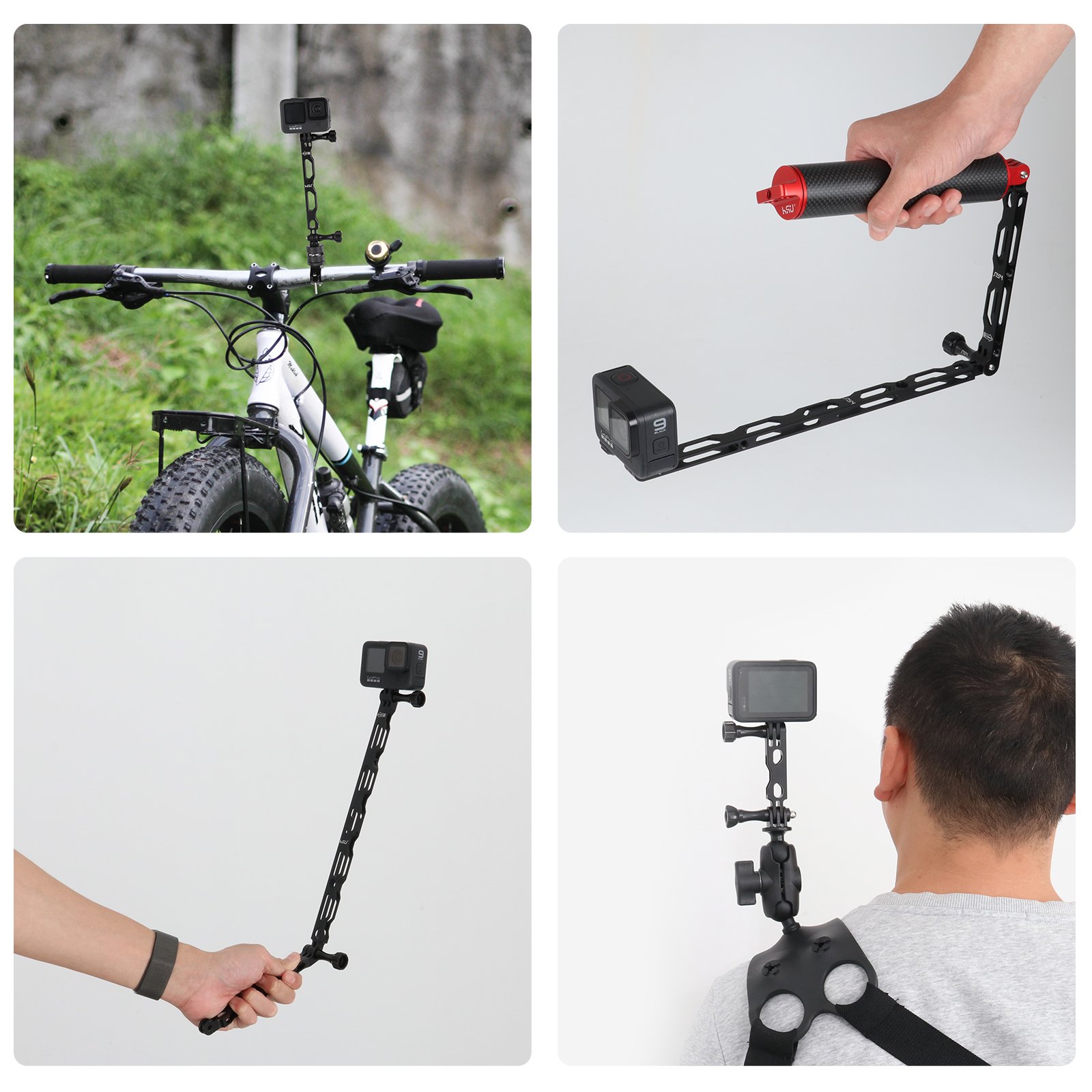 HSU Aluminum Alloy Extension Arm Set Bike Mount Helmet Stick Extension Arm Mount for GoPro Hero 13/12/11/10/9/8/7/6/5 Black, DJI Osmo Action (11.8”/6.5”/3.3”) (Black) - Image 7
