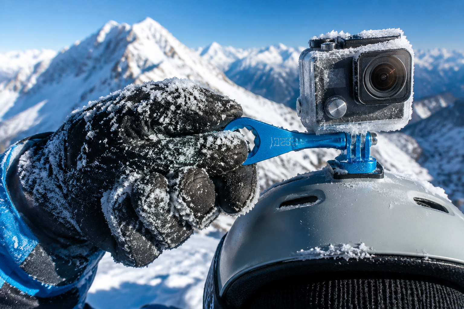 Using the HSU custom aluminum wrench to easily tighten a GoPro screw while wearing thick winter gloves on a snowy mountain.