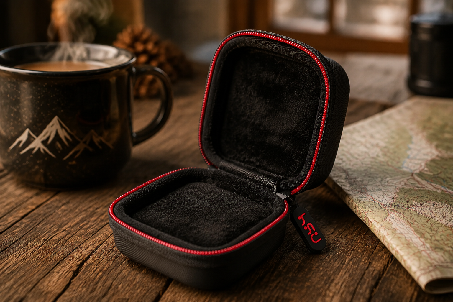 Plush velvet interior of the HSU Mini Carrying Case for GoPro Max resting on a wooden table