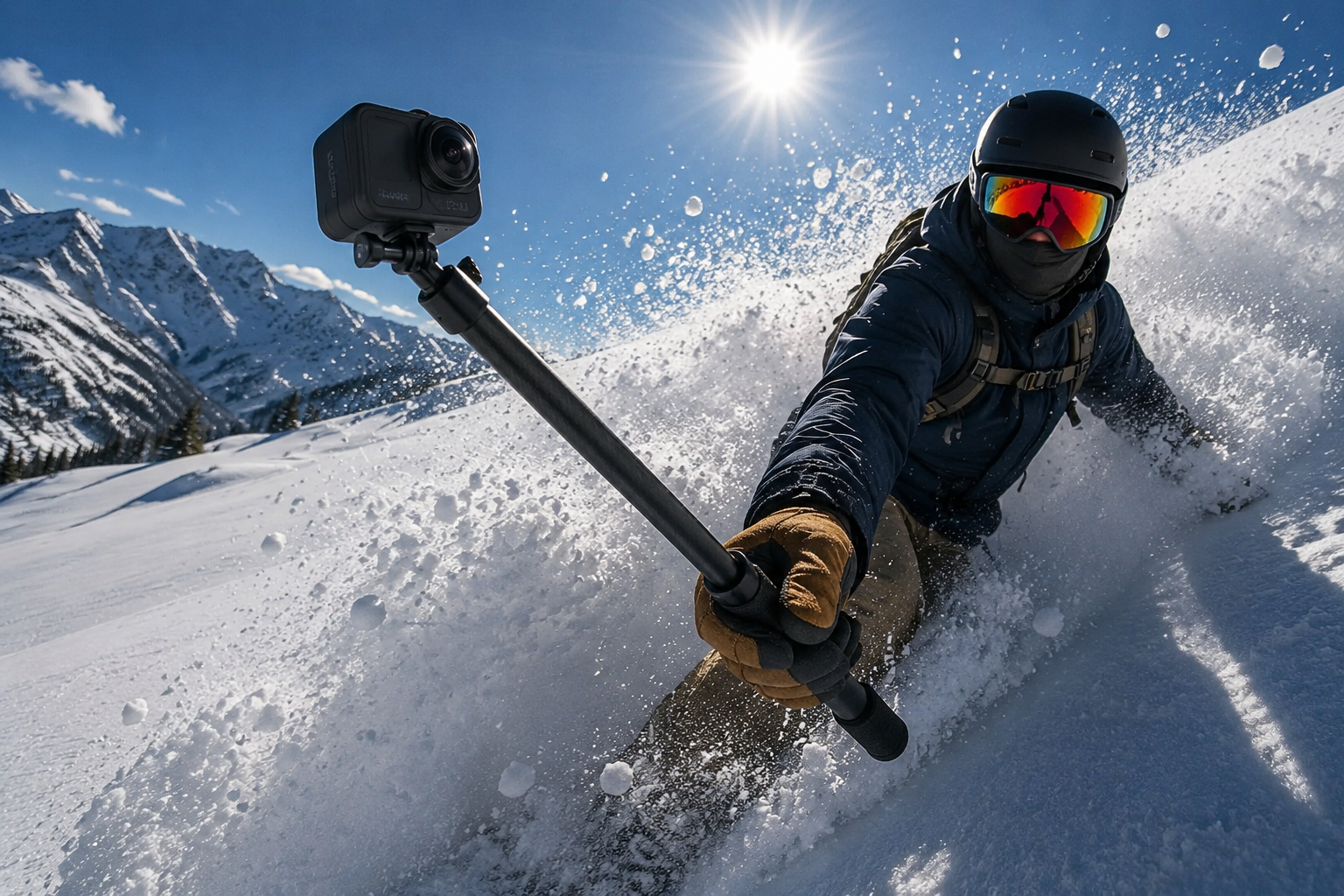 Half-open design of the HSU Mini Carrying Case mounted on a selfie stick during snowboarding