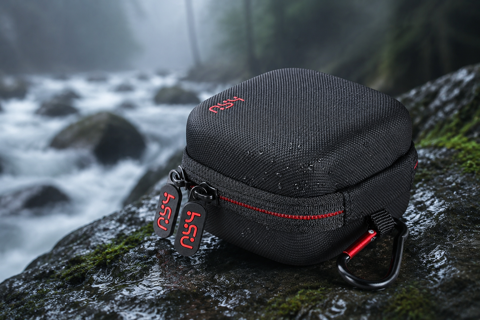 Water droplets on the weather-resistant surface of the HSU Mini Carrying Case next to a river