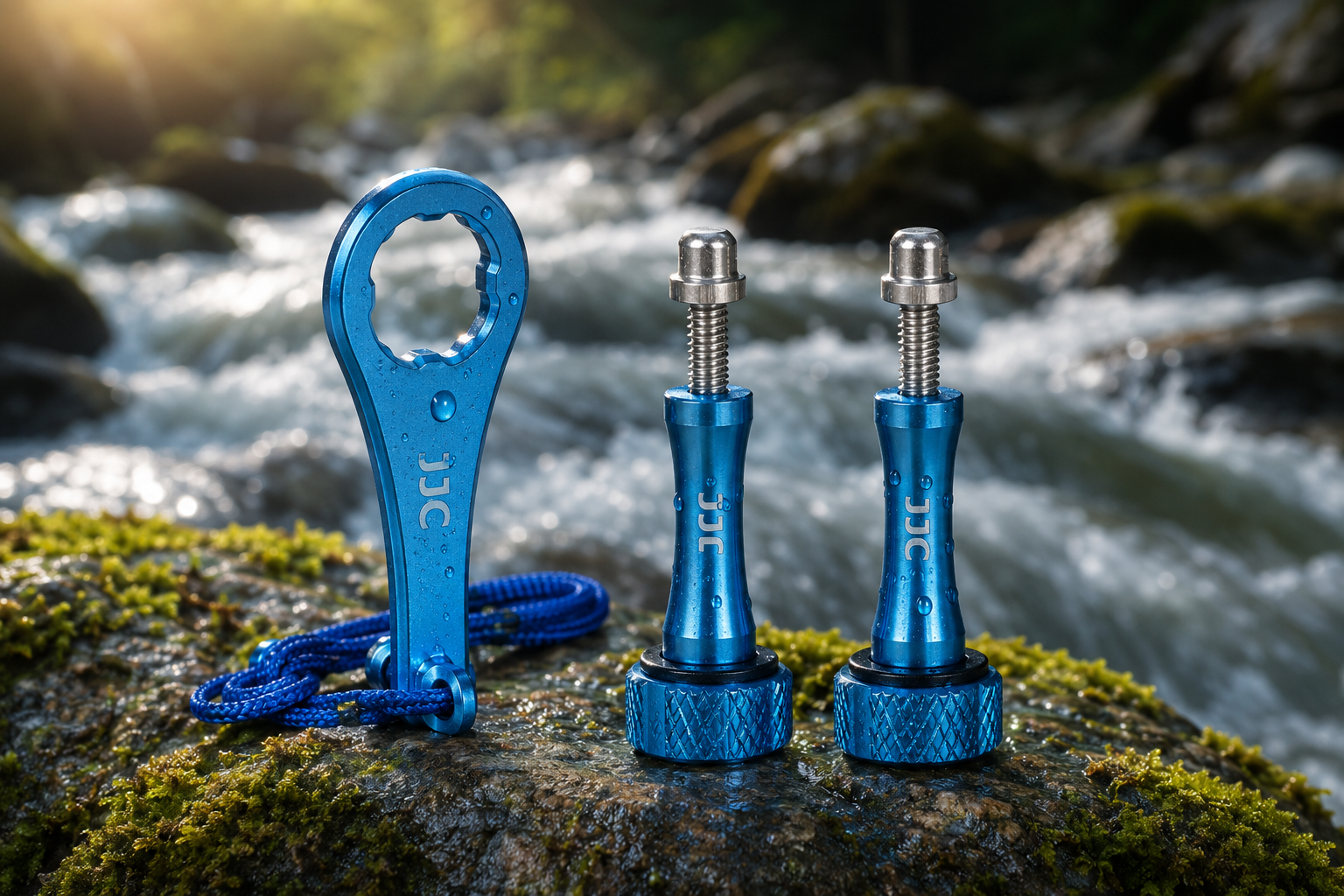 Close-up of the premium HSU metallic blue aluminum thumbscrew for GoPro resting securely on a river rock.