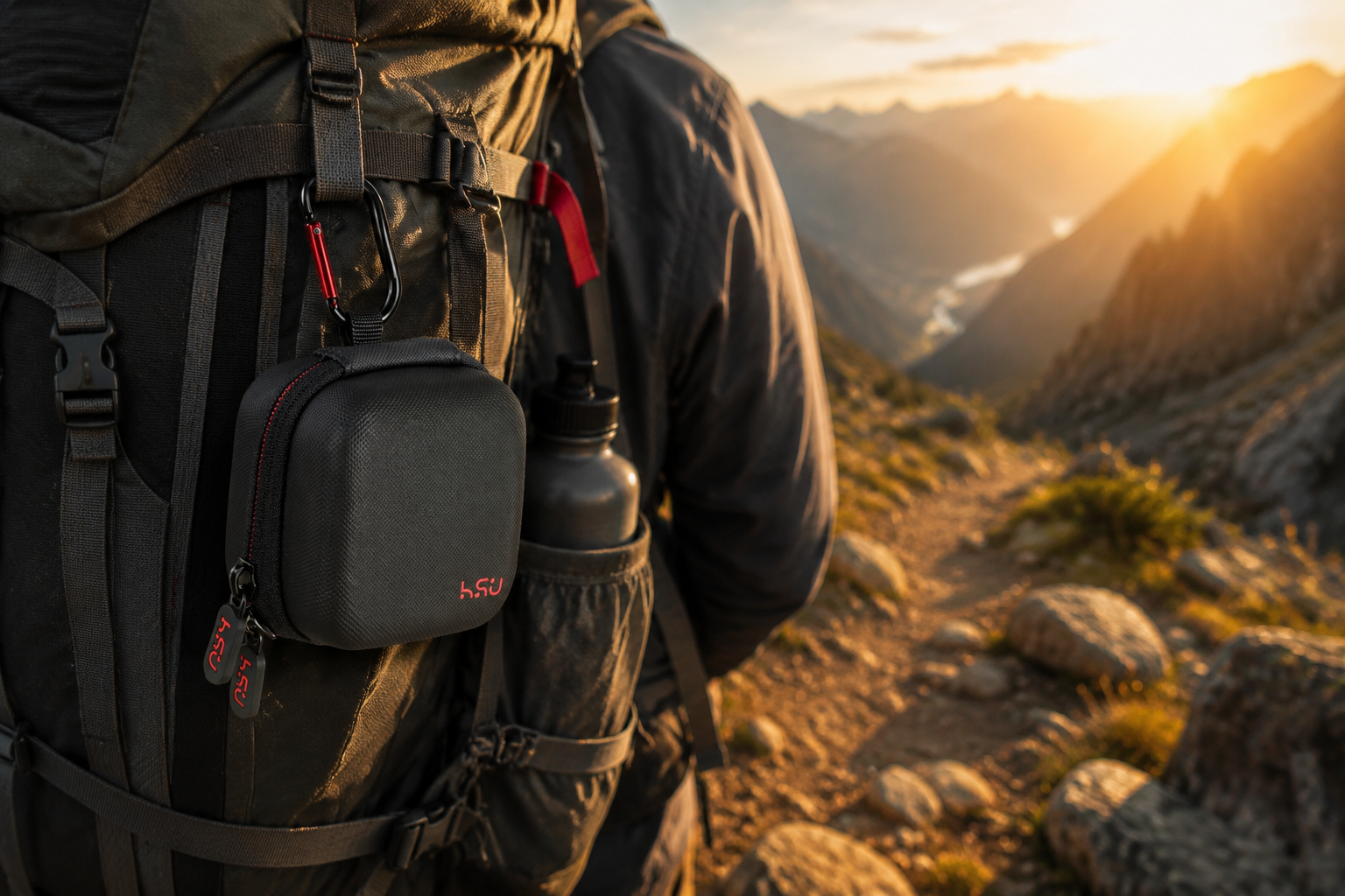 HSU Mini Carrying Case for GoPro Max hanging from a hiking backpack in a mountain environment