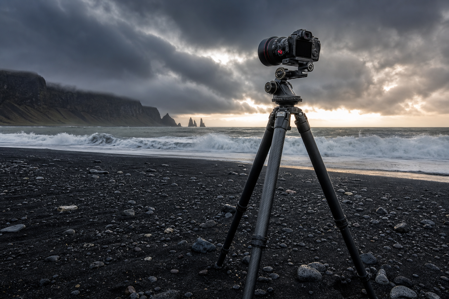 Heavy-duty photography tripod set up on a rugged black sand beach in Iceland under a stormy sky