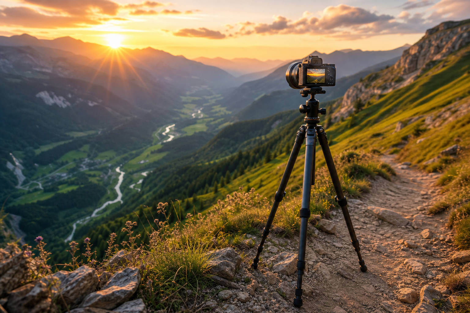 Lightweight 55-inch aluminum alloy travel tripod with a camera on a mountain trail at sunset