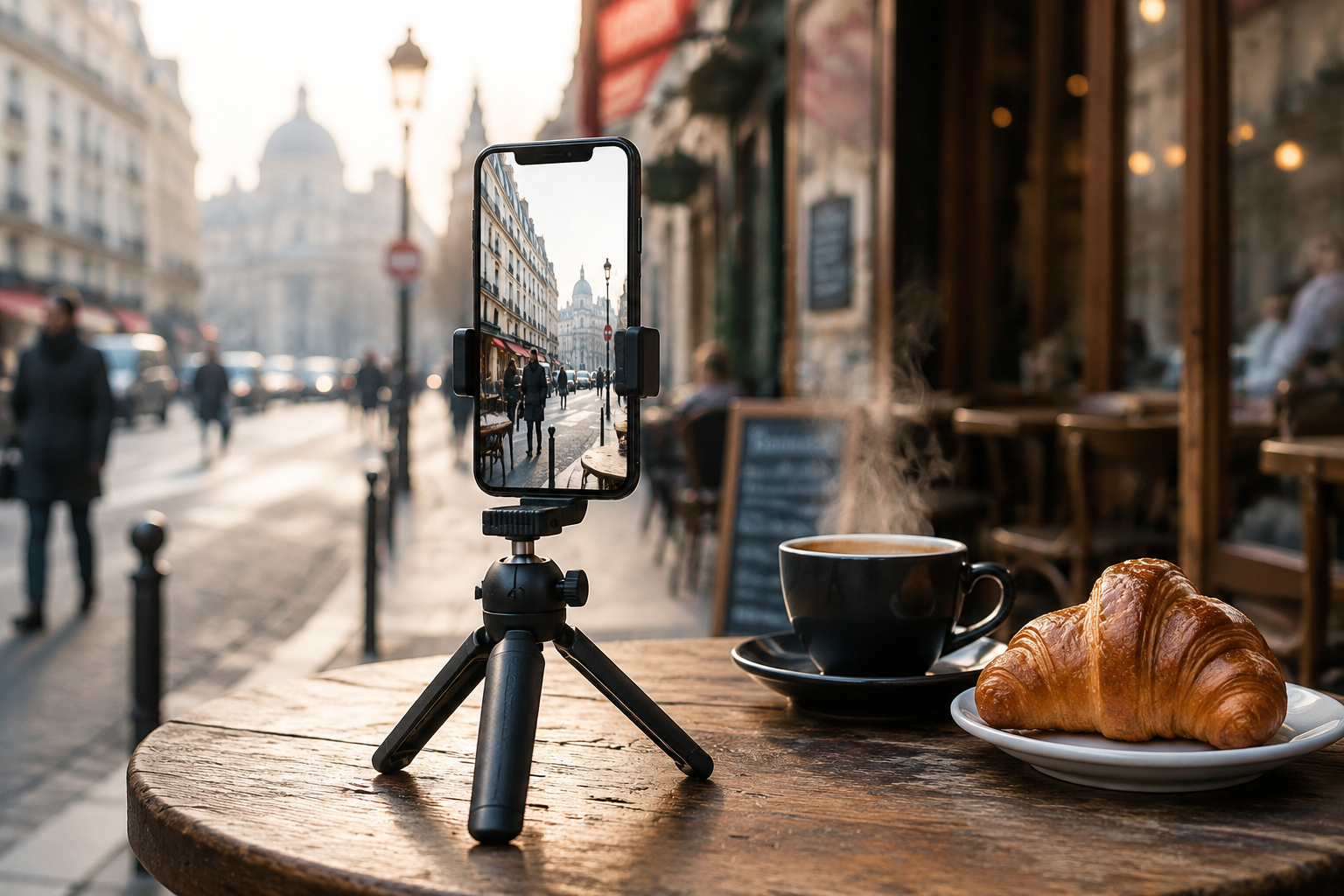 Mini tabletop tripod holding a smartphone on a cafe table with a blurred city background